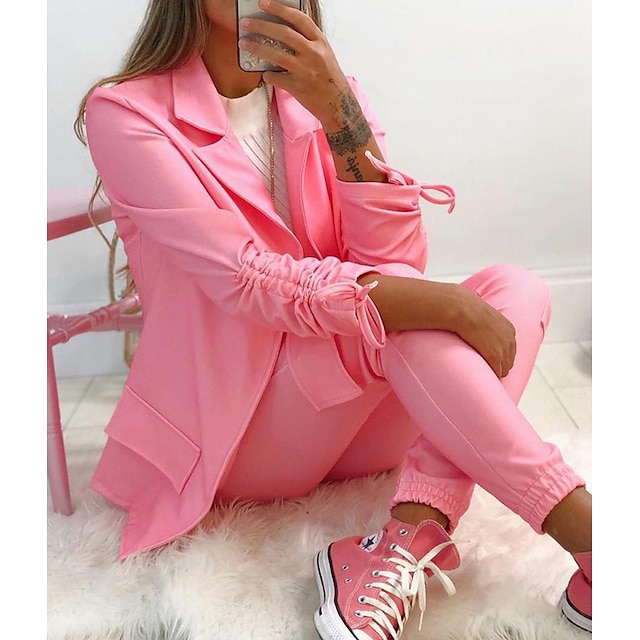 

Women's Streetwear Plain Daily Wear Office Two Piece Set Blazer Office Suit Pants Sets Pant Ruched Tops