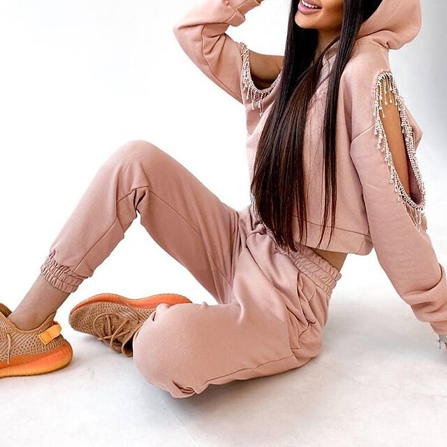 

Women's Streetwear Plain Casual Daily Wear Two Piece Set Crop Top Hoodie Tracksuit Pant Jogger Pants Tassel Fringe Cut Out Tops