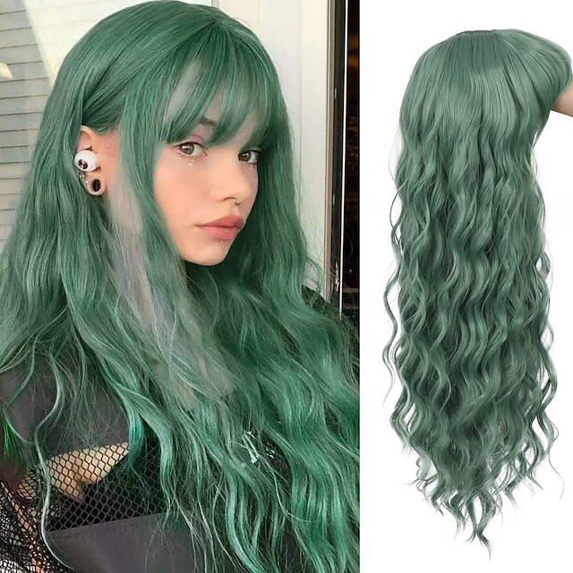 Beauty & Hair Wigs & Hair Pieces | Long Wavy Green Wig With Bangs Ladies Synthetic Wig Heat Resistant Party Cosplay Daily Use - 