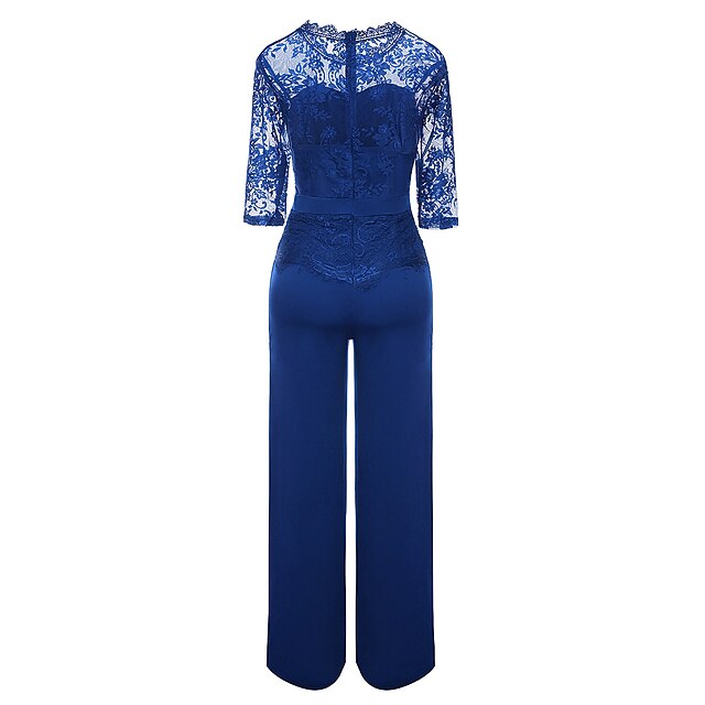 Damen Jumpsuit Spitze Feste Farbe Rundhalsausschnitt Elegant Formell