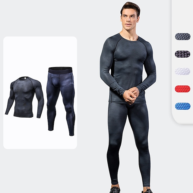  Men's 2 Piece Activewear Set Workout Outfits Athletic 2pcs Long Sleeve Breathable Quick Dry Moisture Wicking Fitness Running Jogging Training Exercise Sportswear Skinny Solid Colored Dark Grey White