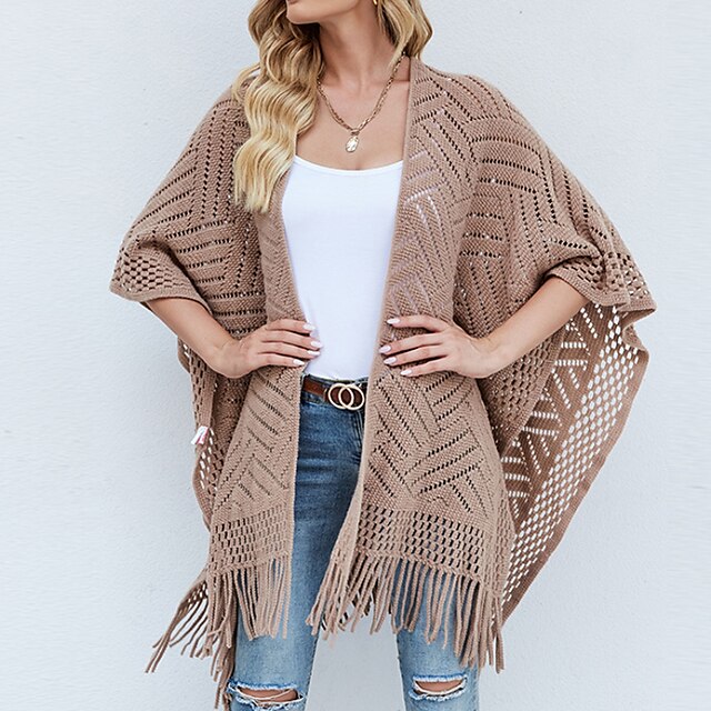 

Women's Cloak Capes Poncho Sweater Tassel Knitted Pure Color Casual Soft Long Sleeve Sweater Cardigans Cowl Spring Summer Khaki