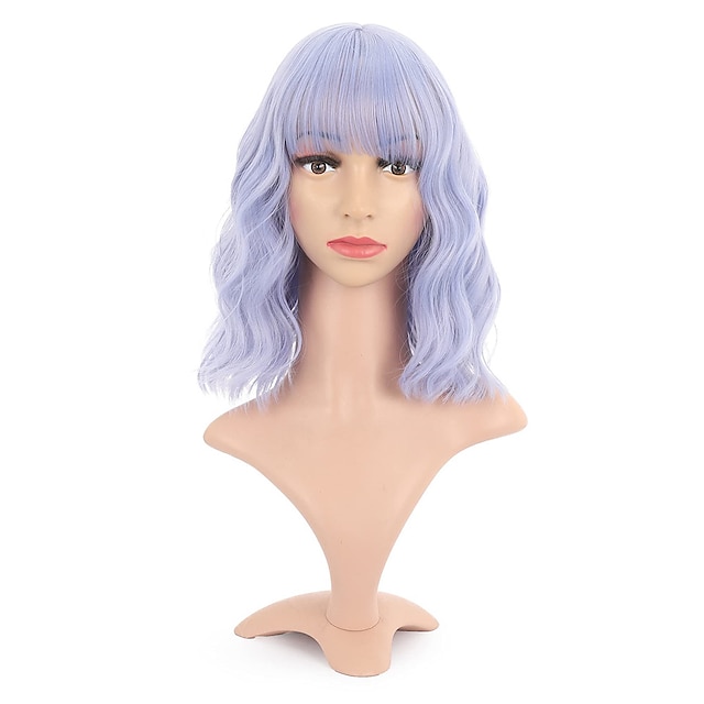 Beauty & Hair Wigs & Hair Pieces | Natural Wavy Wig With Air Bangs Short Bob Grey Blue Wigs Womens Shoulder Length Wigs Curly Wa