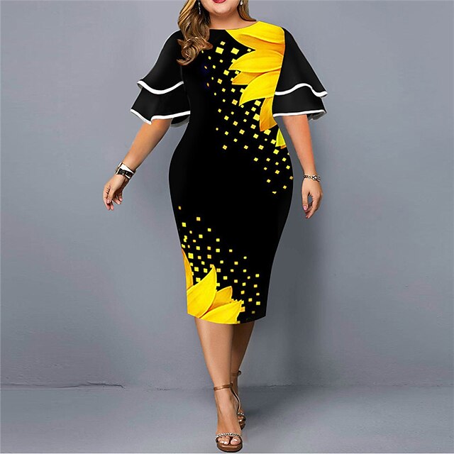 Womens Clothing Plus Size Collection | Womens Plus Size Sheath Dress Floral Round Neck Print Short Sleeve Spring Summer Work Cas