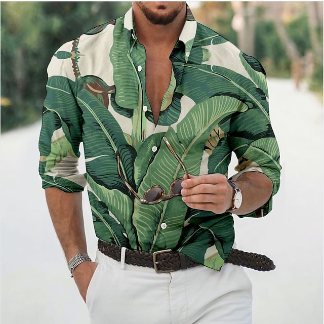  Men's Shirt Graphic Shirt Leaves Turndown Light Green Pink Dark Green Brown Green 3D Print Daily Holiday Long Sleeve 3D Print Button-Down Clothing Apparel Fashion Designer Casual Breathable