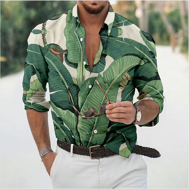 Men's Leaves Tropical Plants Shirt Summer Hawaiian Shirt Aloha Shirt Long Sleeve Shirt Turndown Fashion Designer Casual Vacation Daily Holiday Light Green Pink Dark Green 3D Print S M L 6
