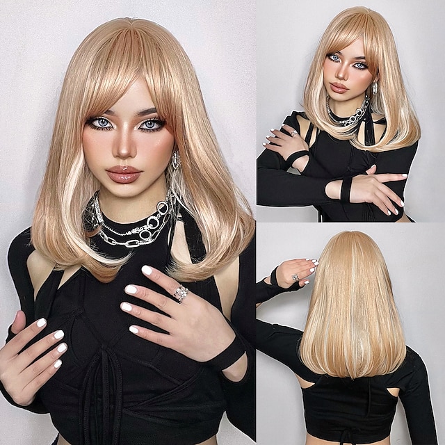 Beauty & Hair Wigs & Hair Pieces | HAIRCUBE Medium Straight Black Bob Synthetic Wig with Bangs Short Honey Brown Wigs for Woman 