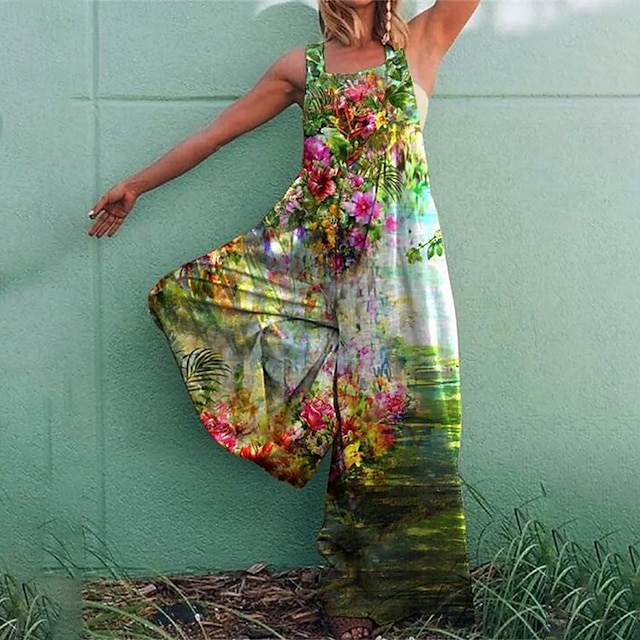 

Women's Jumpsuit Print Floral Crew Neck Casual Street Casual Baggy Shorts Regular Fit Sleeveless Green Blue Light Green S M L Fall
