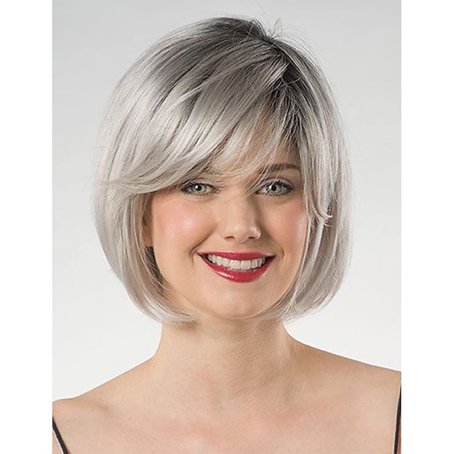  kort gradient grå bob bob peruk dam rakt hår syntetisk peruk mode grå peruk med djupa rötter