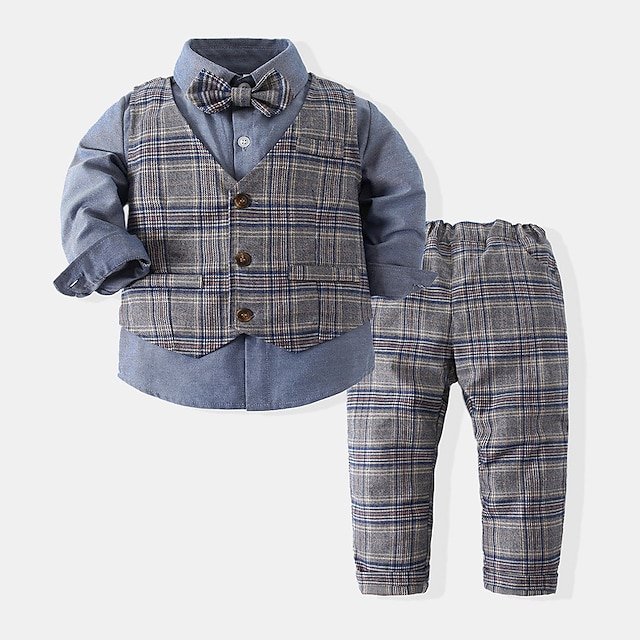 Baby & Kids Boys Clothing | Kids Boys Suit Vest Shirt Pants Set 3 Pieces Long Sleeve Gray Plaid Patchwork Cotton Vacation Outdoo