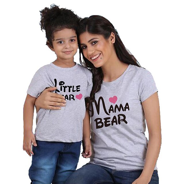 Baby & Kids Matching Outfits | Mommy and Me Valentines T shirt Tops Cotton Heart Letter Daily Print White Black Gray Short Sleev