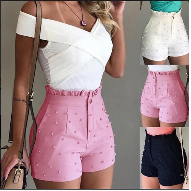  Women‘s Shorts High Waist Pocket Plain Daily Regular Summer White Black Pink