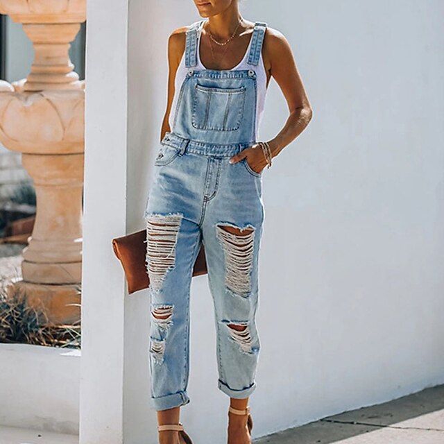 

Women's Overall Backless Cut Out Solid Color Square Neck Casual Daily Casual Daily Regular Fit Sleeveless Light Blue S M L Spring