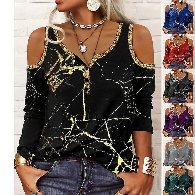  Women‘s popular tops printed off-the-shoulder long-sleeved t-shirts spring summer