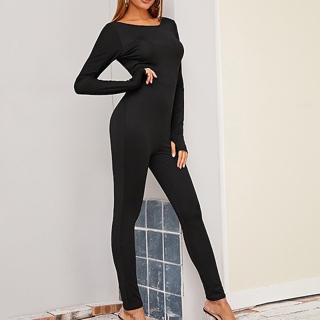 

Women's Catsuit Solid Color Crew Neck Casual Sport Daily Regular Fit Long Sleeve Black S M L Spring