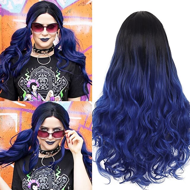 Beauty & Hair Wigs & Hair Pieces | Long Curly Wavy Gradient Black Green Wig Synthetic Natural Mid Cosplay Costume Wig for Women 