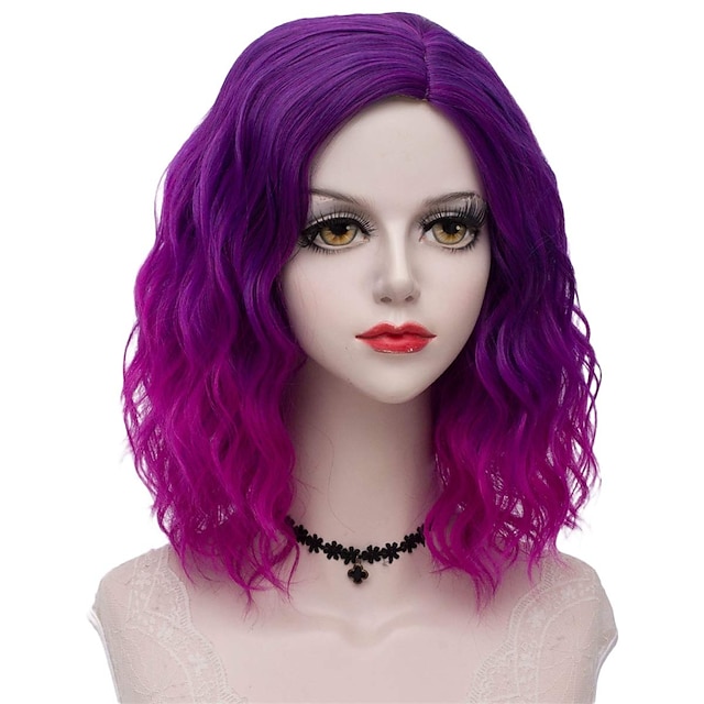  Purple Wigs for Women 14“ Short Curly Wavy Bob Wig Inclined Bangs Cosplay Costume Harajuku Lolita Synthetic Cute Hair Daily Halloween Party (Gradient Purple)