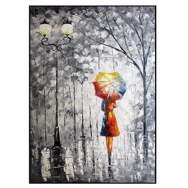  olieverfschilderij handgemaakte handgeschilderde kunst aan de muur moderne vrouw met een paraplu in de regen landschap woondecoratie decor opgerold canvas geen frame niet uitgerekt