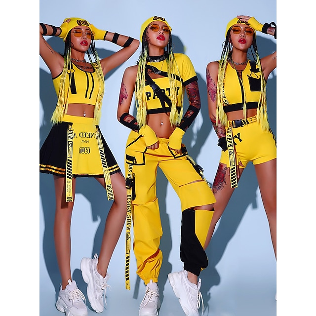 Women's Kpop Dancer DJ Dancing Street Dance Outfit Cornrows Hip-Hop Jazz  Urban Polyester Black and Yellow orange Yellow Vest Top Pants / Gloves /  Shorts / Hat / Waist Belt 2023 - US $