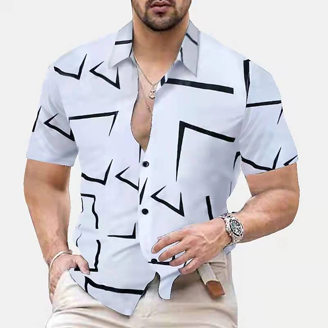 Men's Geometric Geometric Pattern Geometry Shirt Button Up Shirt Short Sleeve Fashion Streetwear Designer Work Daily Holiday Summer Spring Classic Collar Print Black White Red Navy Blue Brown 8