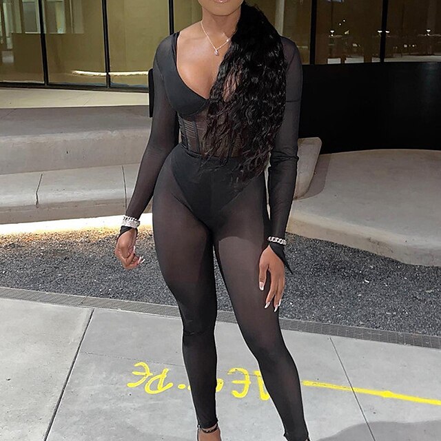 

Women's Jumpsuit Mesh Solid Color V Neck Streetwear Club Bar Regular Fit Long Sleeve Black S M L Spring