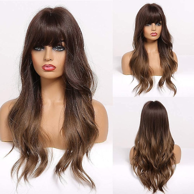 Beauty & Hair Wigs & Hair Pieces | long brown wigs for women -natural wavy hair synthetic wigs with bang - RD85751