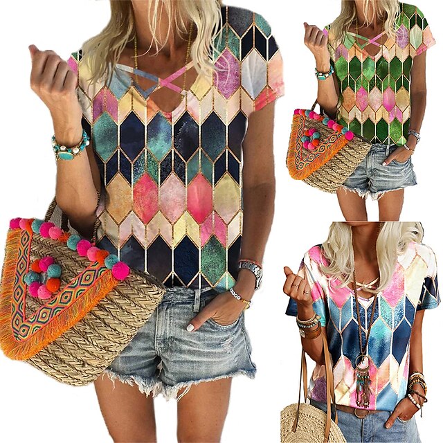  Women‘s Blouse T shirt Color Block Print Multi Color Tropical V Neck Regular Spring &  Fall Pattern 1 Green Pink