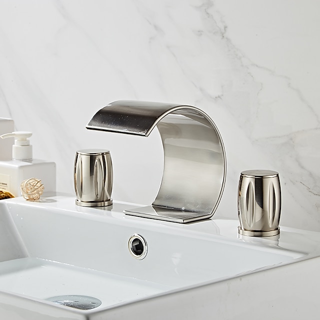  Widespread Bathroom Sink Mixer Faucet, Waterfall Arc Spout Brass 3 Hole 2 Handle Basin Tap Deck Mounted, Washroom Basin Vessel Water Tap with Hot and Cold Hose