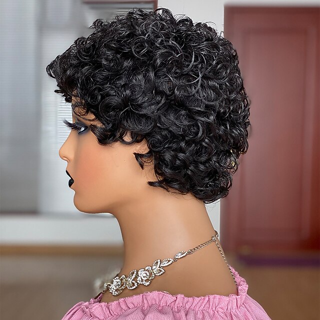 

Human Hair Wig Short Afro Curly Asymmetrical Black Soft Party Women Capless Brazilian Hair Women's Natural Black #1B 6 inch Party / Evening Daily Daily Wear