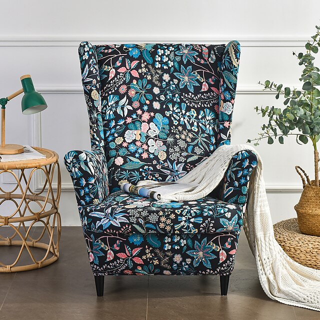  vingstol överdrag spandex tyg sofföverdrag wingback fåtölj med sittdynfodral blommönster möbelskydd för vardagsrum