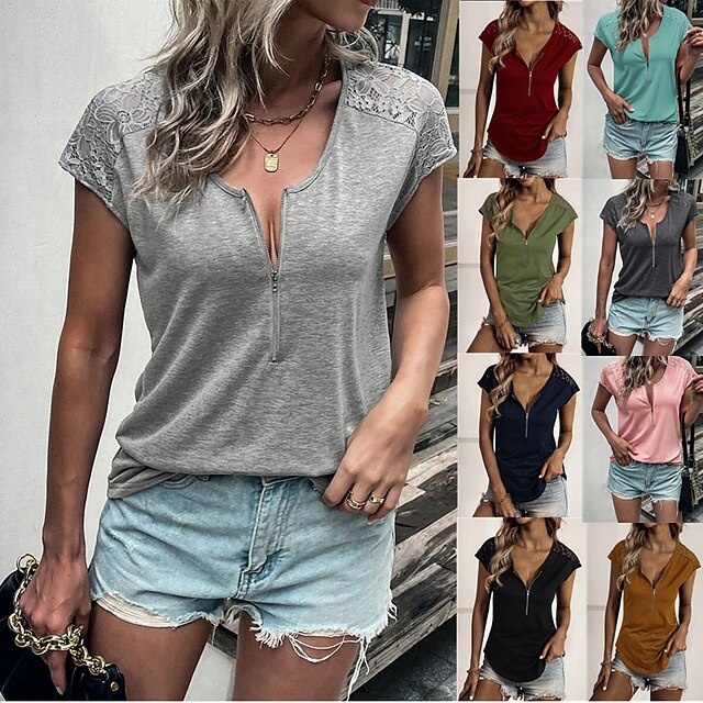  Women‘s  hot product round neck half zipper stitching lace short-sleeved t-shirt