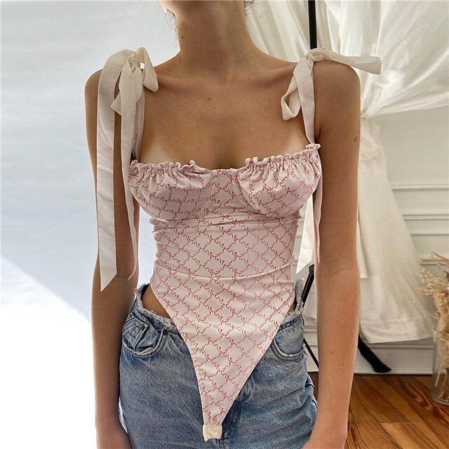 

Women's Bodysuit Backless Print Striped Square Neck Casual Daily Home Daily Regular Fit Sleeveless Pink S M L Spring