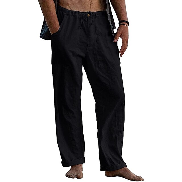 Men's Linen Pants Trousers Summer Pants Beach Pants Pocket Elastic ...