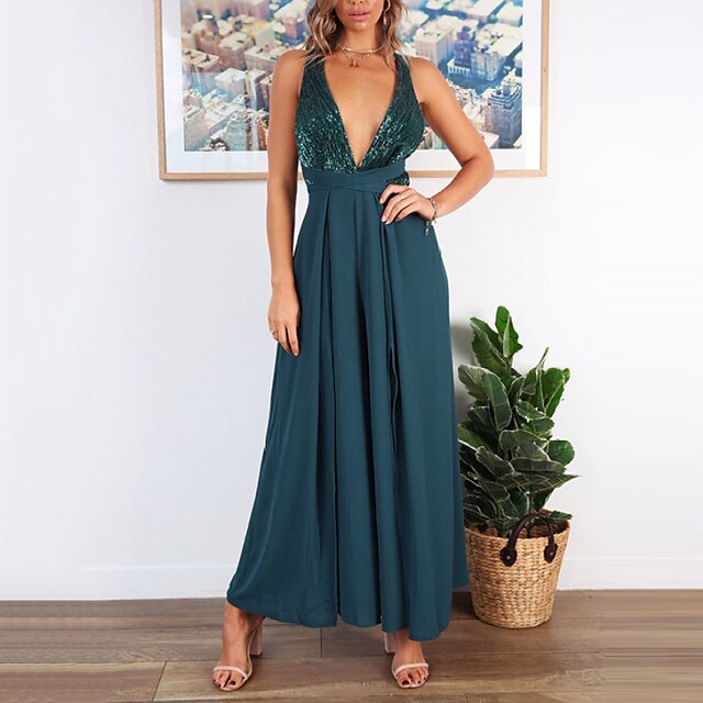 

Women's Jumpsuit Backless Sequin Solid Color Deep V Elegant Party Cocktail Party Regular Fit Sleeveless Black Pink Navy Blue S M L Spring