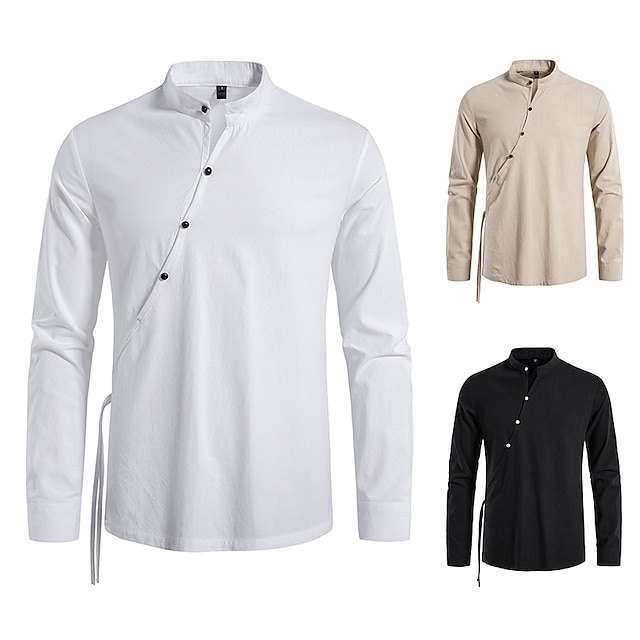  herenoverhemd niet-afdrukbaar effen kleur plus size opstaande kraag dagelijkse tops met lange mouwen mode wit zwart kaki zomerhemden