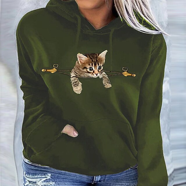  Dames Grote maat Tops Hoodie Sweatshirt Kat dier Afdrukken Lange mouw Capuchon Streetwear Dagelijks Uitgaan Polyester Lente Zomer Zwart Paars / Grote maten