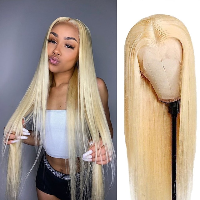 перуанский парик из человеческих волос блондинка 613 кружевные фронтальные парики средняя часть t кружево прозрачное кружево 13 * 4 * 1 прямые предварительно выщипанные человеческие волосы 130