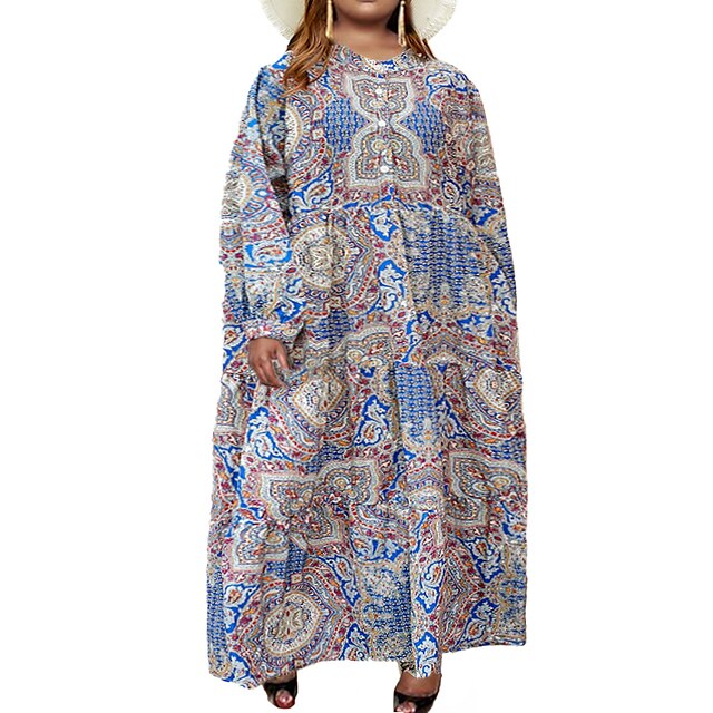 Womens Clothing Plus Size Collection | Womens Plus Size Swing Dress Abstract Round Neck Print Lantern Sleeve Long Sleeve Fall Wi