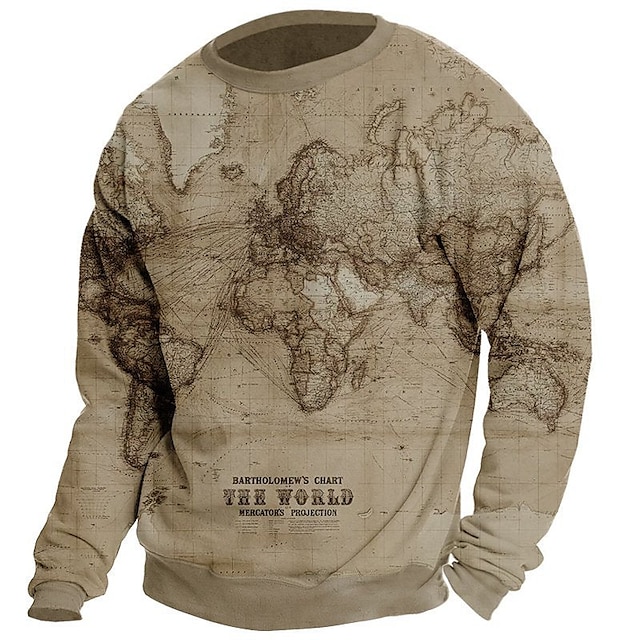 

Men's Sweatshirt Pullover Map Graphic Prints Print Sports Outdoor Casual Daily 3D Print Basic Casual Hoodies Sweatshirts Long Sleeve Khaki