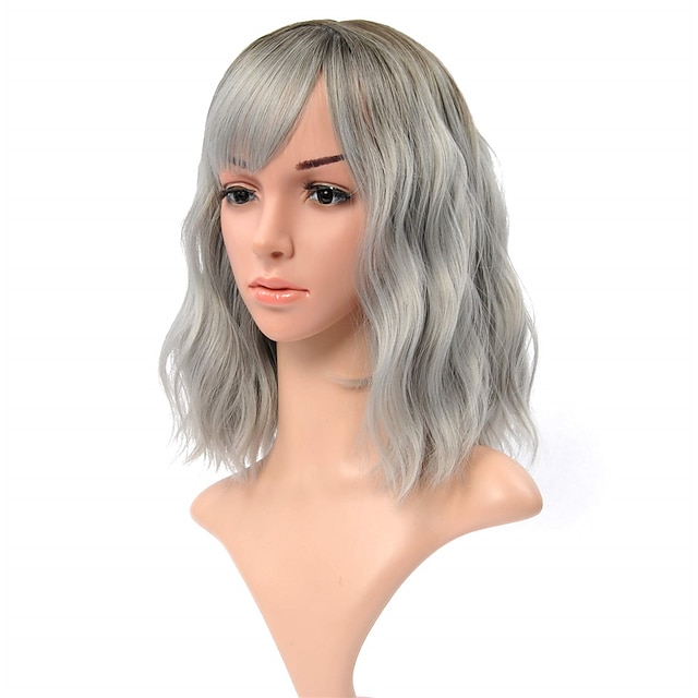 Beauty & Hair Wigs & Hair Pieces | Natural Wavy Wig With Air Bangs Short Bob Grey Blue Wigs Womens Shoulder Length Wigs Curly Wa