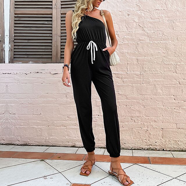 

Women's Jumpsuit Drawstring Solid Color One Shoulder Active Street Casual Regular Fit Sleeveless Black S M L Spring