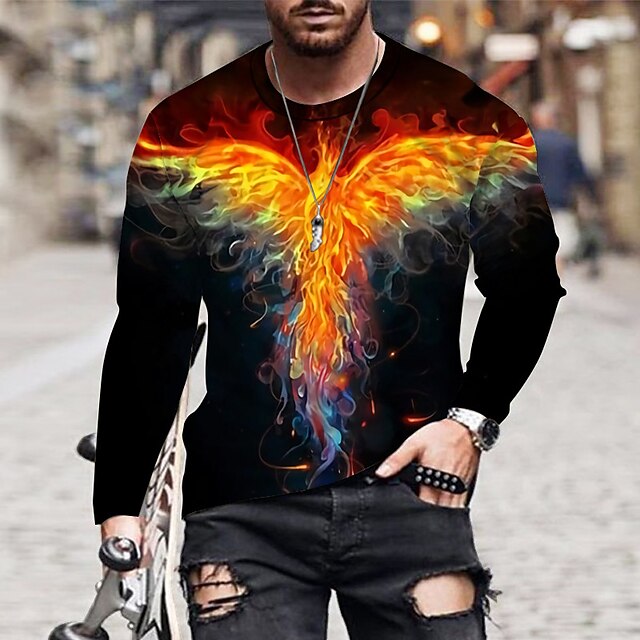 

Men's T shirt 3D Print Phoenix Crew Neck Street Casual Print Long Sleeve Tops Sportswear Casual Fashion Comfortable Yellow