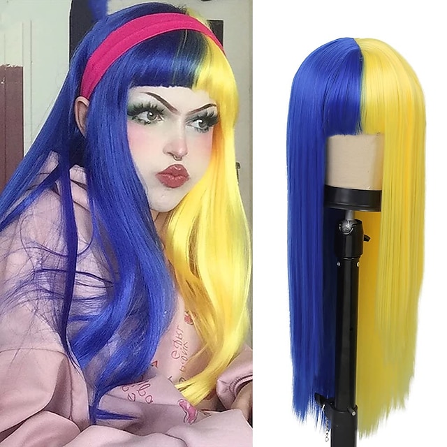  Synthetic Wig Straight With Bangs Machine Made Wig Very Long A1 Synthetic Hair Women‘s Cosplay Soft Fashion Blue Yellow / Daily Wear / Party / Evening / Daily