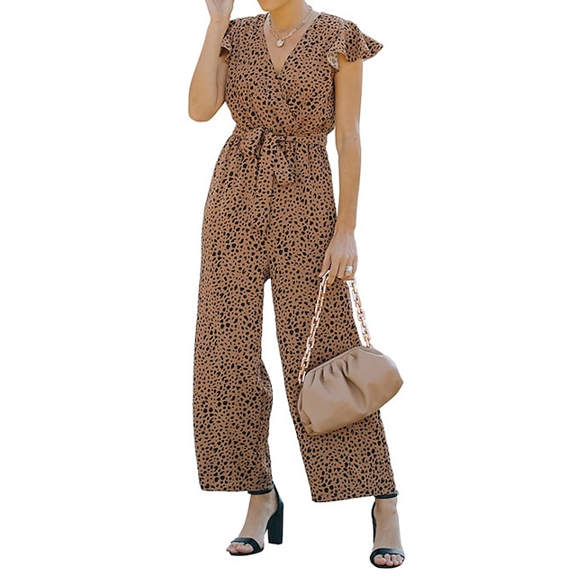

Women's Jumpsuit Lace up Print Leopard V Neck Active Street Casual Regular Fit Short Sleeve Black Wine Yellow S M L Spring