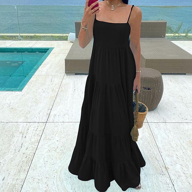 女性用 A ラインドレス ストラップドレス マキシドレス ブラック ノースリーブ ピュアカラー ラッフル 春 夏 キャミソール 旅行度假风 近代の スリム 2022年 S M L XL