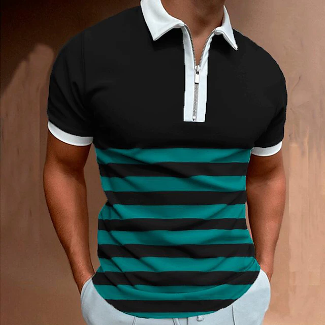 Men's Zip Polo Polo Shirt Street Casual Classic Collar Quarter Zip Short Sleeve Fashion Streetwear Color Block Striped Patchwork Zipper Summer Spring Regular Fit White Navy Blue Green Zip Polo4