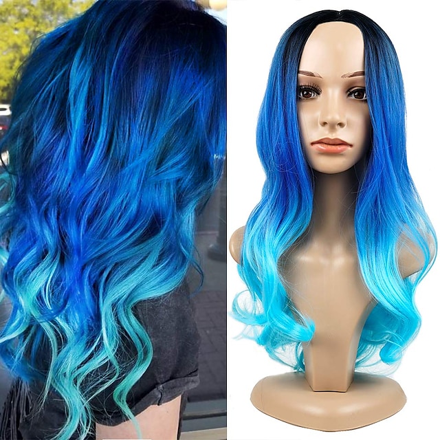  긴 솜털 곱슬 물결 모양의 머리 가발 여성용 colorfor 긴 큰 직조 머리 가발 매일 파티 코스프레에 적합 (파란색)