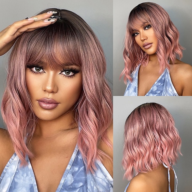  Bob Wig with Bangs Pink/Ombre Brown/Auburn/Wine/Green Synthetic Culy Wigs for African American Women Natural Scalp Wigs 18inch Party Daily Wigs Christmas Party Wigs