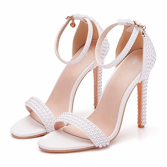  chaussures de mariage pour femmes pour mariée femmes demoiselle d'honneur perle stiletto faux cuir bout ouvert à bretelles talon haut escarpins classiques blanc beige