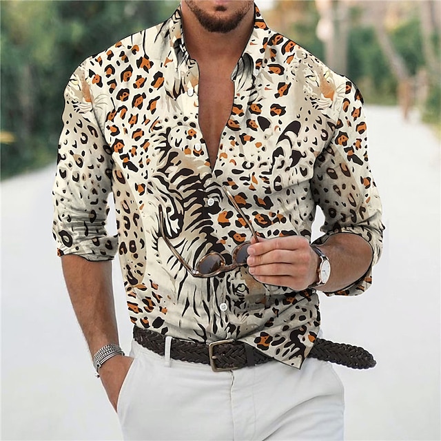  Herre Skjorte Grafisk skjorte Dyr Leopard Krave Beige 3D-udskrivning udendørs Afslappet Langærmet 3D-udskrivning Knap ned Tøj Mode Designer Afslappet Bekvem